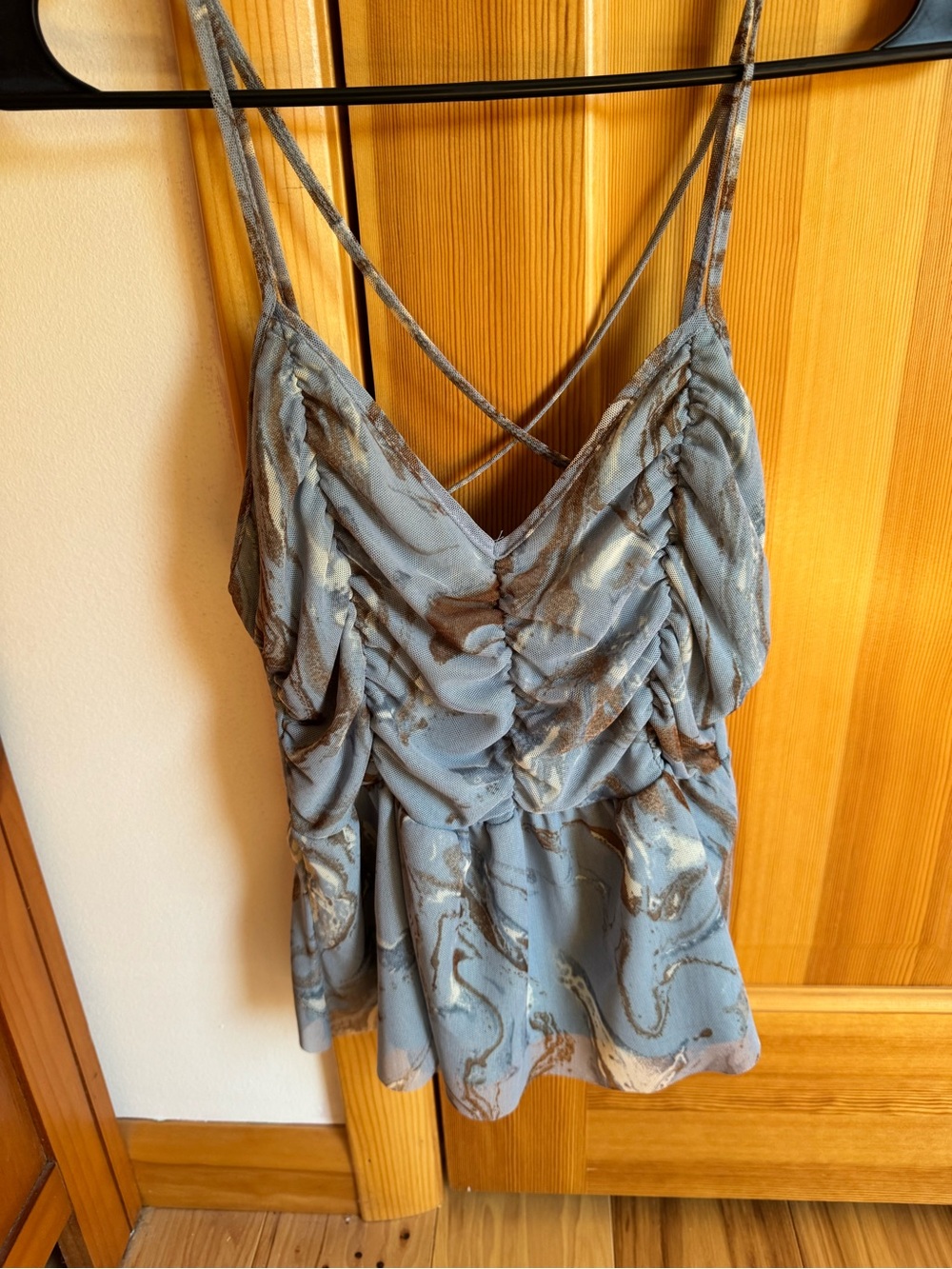 Moa Moa Gray and Brown Marble-Print Ruched Spaghetti-Strap Tank